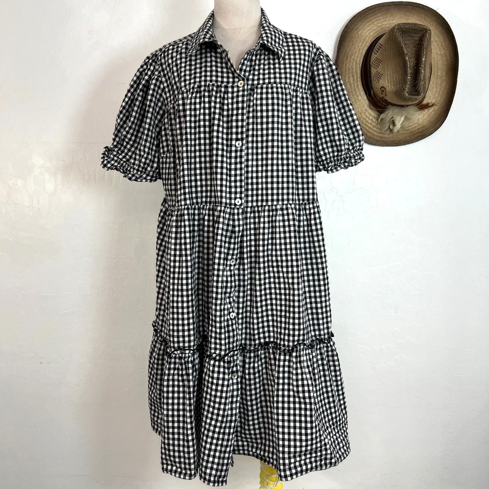 Indulge Gingham Plaid Tiered Dress Womens 1X Cotton Puff Sleeve Pockets